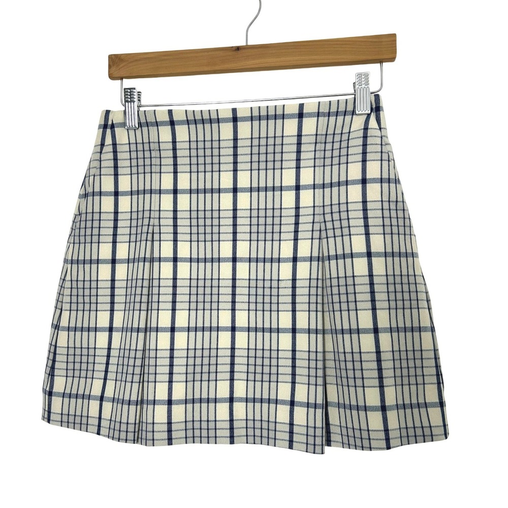 Tory Burch Pleated Mini Skirt Womens 0 Cream Navy Plaid Preppy golf school girl